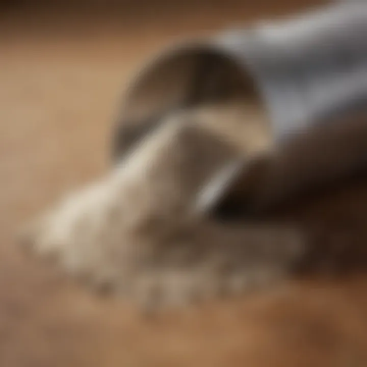 Close-up of psyllium powder in a measuring cup, highlighting its texture.