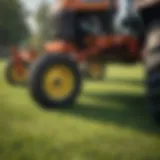 Close-up of lawn tractor aerator in action