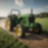 A vibrant John Deere tractor working in a lush field