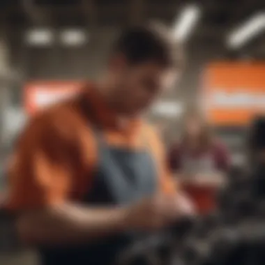 AutoZone employee assisting a customer with automotive parts