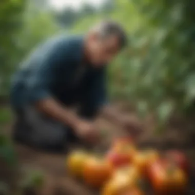 Gardener inspecting bell pepper plants for pests
