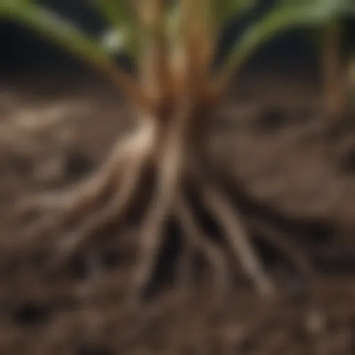 Close-up of healthy plant roots in soil demonstrating growth.