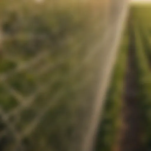 Close-up view of a bird netting system covering a crop field