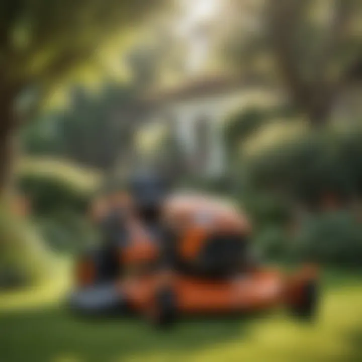A budget-friendly lawn mower positioned in a garden setting