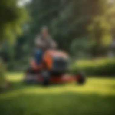 Operational Performance in Action User operating a Briggs & Stratton riding lawn mower in a garden