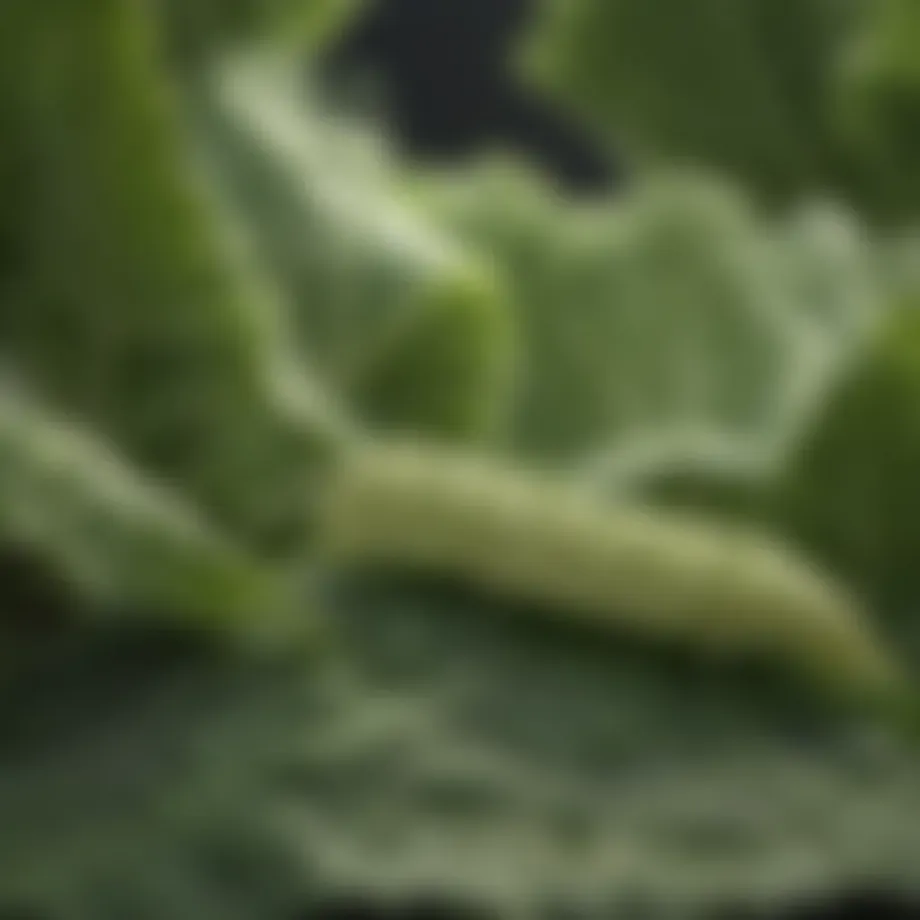 Close-up of cabbage worms on a leaf