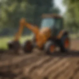 Case backhoe with pallet forks at work in a field