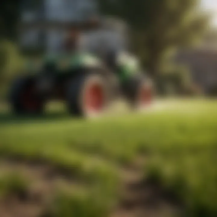 A gardener applying fertilizer to a freshly sown lawn.