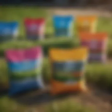 Different types of fertilizers displayed in colorful bags.