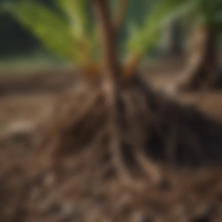 Close-up of soil demonstrating the effects of pre-emergent herbicide and fertilizer application on plant roots.