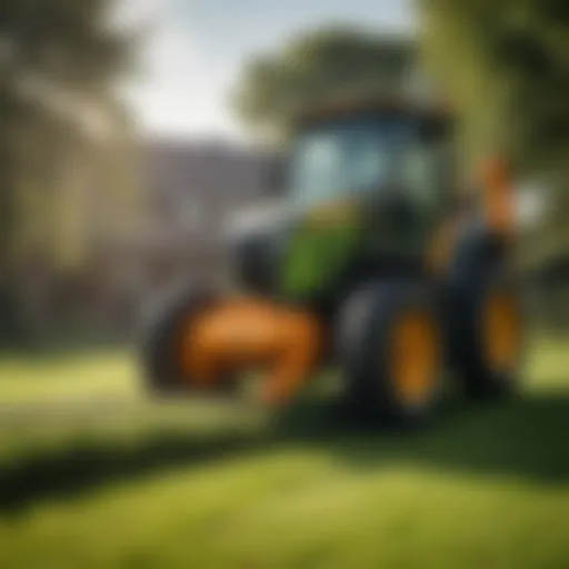 A commercial dethatching machine in action on a lush lawn