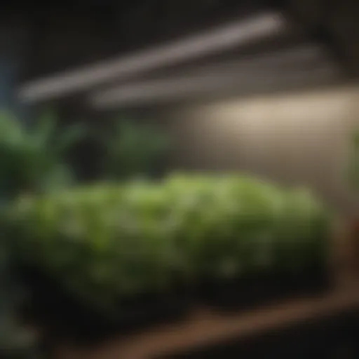 An array of full spectrum grow light strips illuminating a lush indoor garden