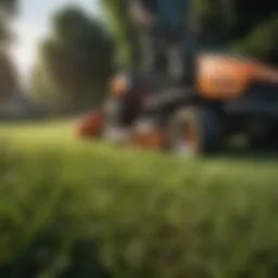 A close-up view of a commercial lawn trimmer cutting grass efficiently.