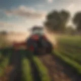 A powerful tractor navigating through a field of crops