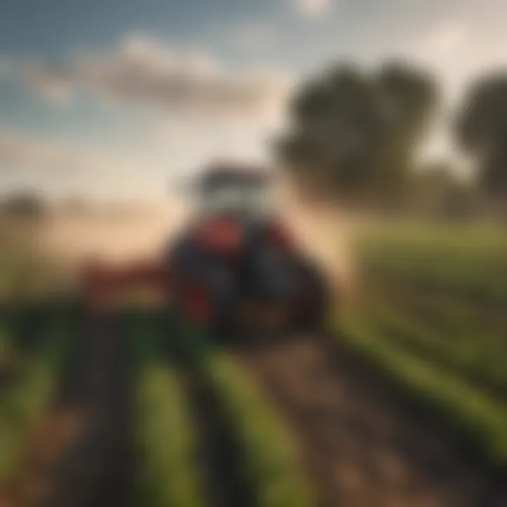 A powerful tractor navigating through a field of crops