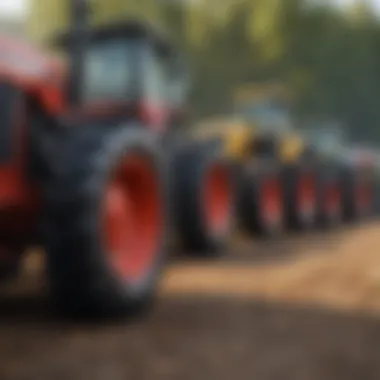 Different tractor models lined up for comparison