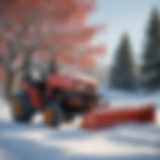 Garden tractor equipped with a snow blower attachment in a snowy landscape