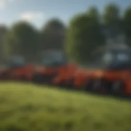 Different types of grass cutting machines lined up for comparison