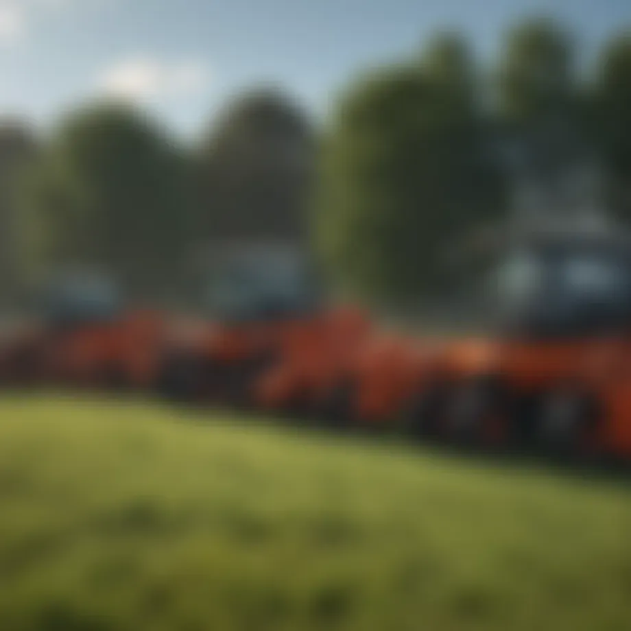 Different types of grass cutting machines lined up for comparison