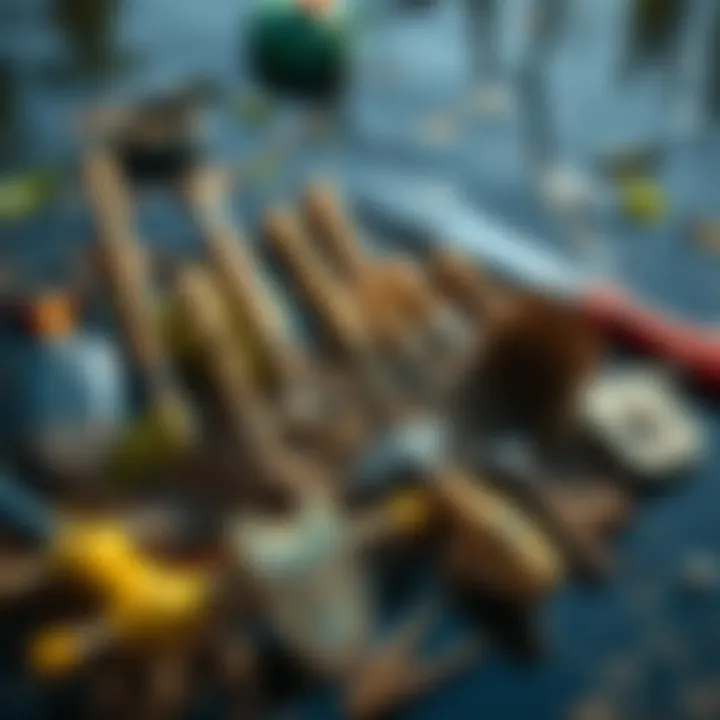 Essential Tools for Effective Pond Care An array of tools for pond maintenance arranged neatly.