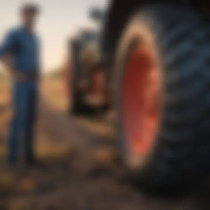 Farmers discussing tire selection strategies in a field