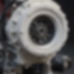 Detailed view of a white tractor engine showing key components