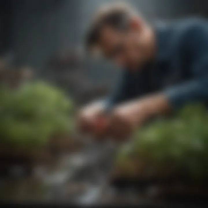 Horticulturist applying liquid rooting hormone to plant cuttings