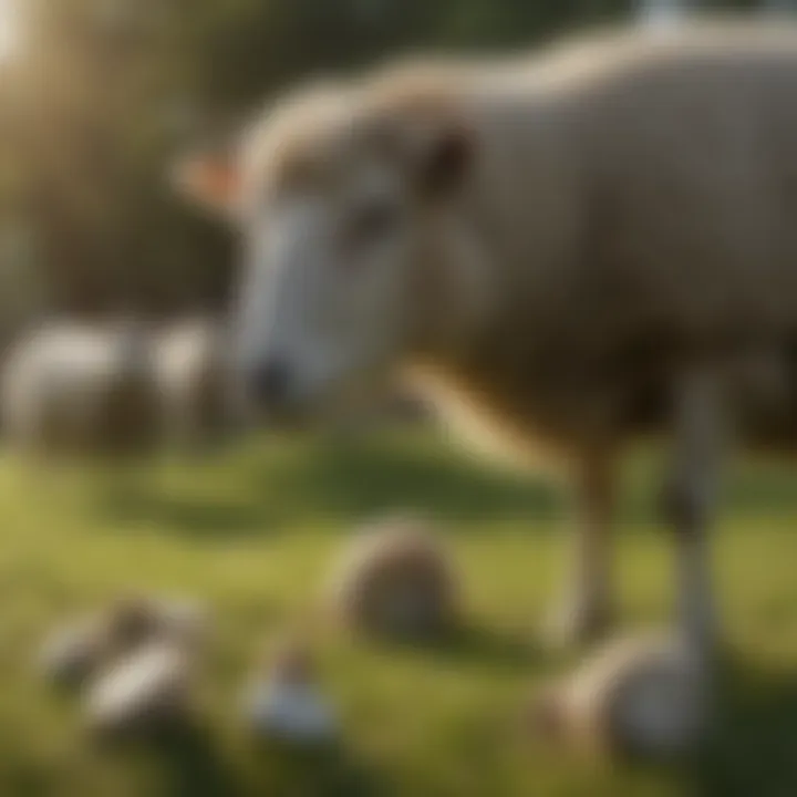 A shepherd inspecting sheep with ear tags in a lush green pasture.