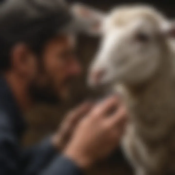 A farmer using a handheld tool to apply an ear tag to a lamb.