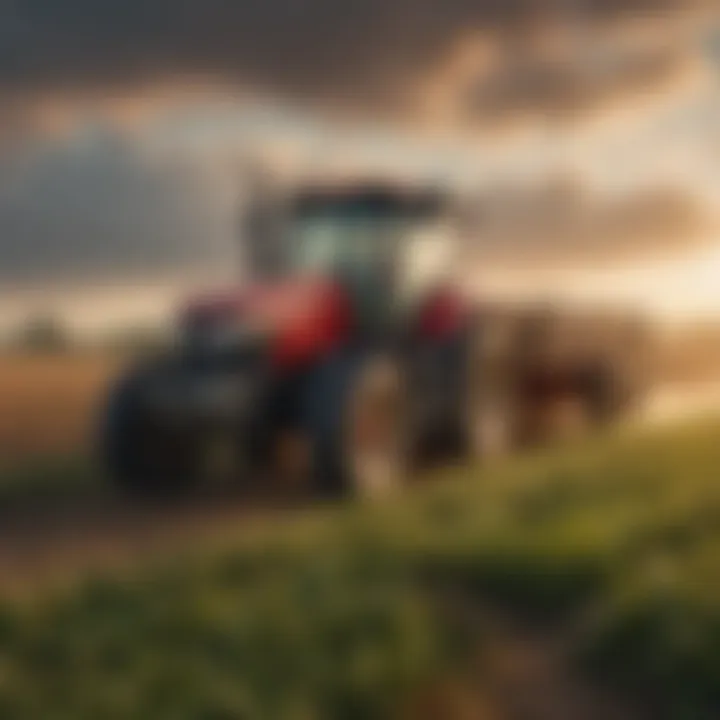 An agricultural field with a tractor equipped with a three point hitch weight box, demonstrating enhanced stability during operation