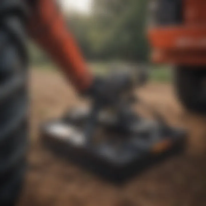 An expert examining the maintenance of a three point hitch weight box, illustrating best practices for upkeep