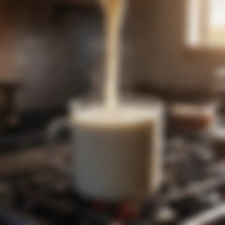 A close-up of a pot with milk heating on a stove.