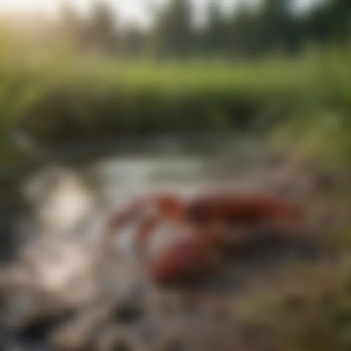 A close-up of crawfish in their natural habitat within a farm.
