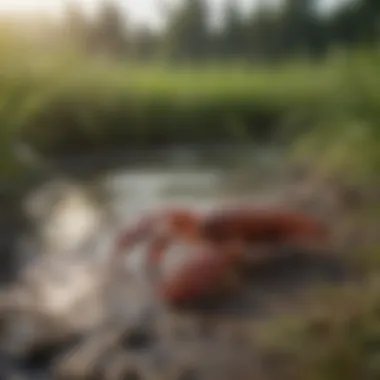 Crawfish Habitat Overview A close-up of crawfish in their natural habitat within a farm.