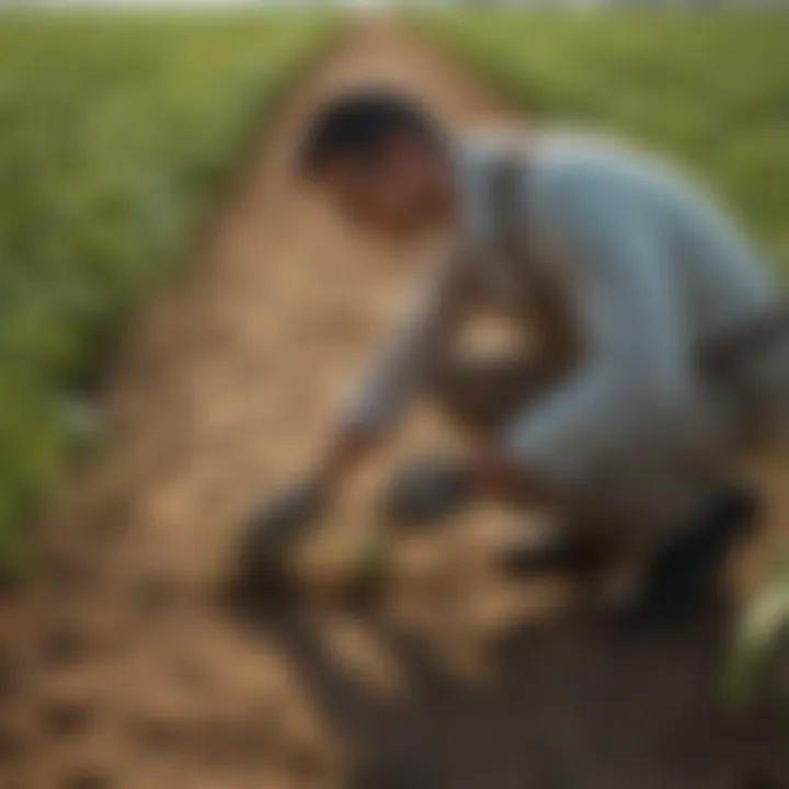 A professional examining a crop field, illustrating the assessment of pest control effectiveness