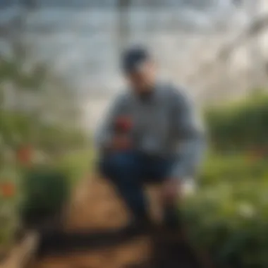 Illustration of integrated pest management techniques being applied in a greenhouse setting