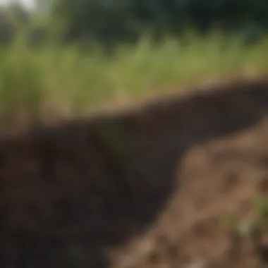 A close-up of grass roots growing through the soil.