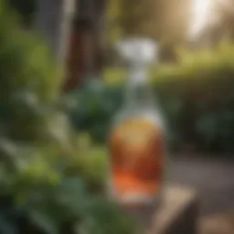 Close-up of disinfectant spray bottle in a garden setting