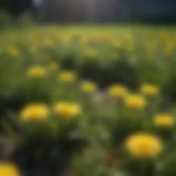 Vibrant lawn with dandelions sprouting amidst grass
