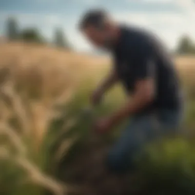Gardener manually removing foxtail grass