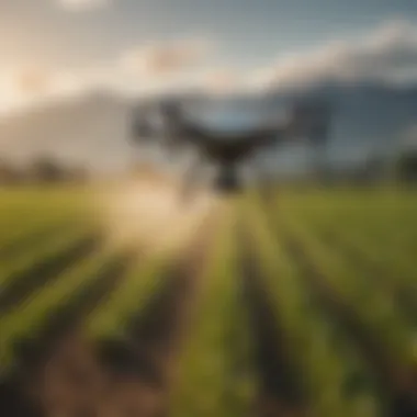 An advanced pesticide application drone flying over a field.