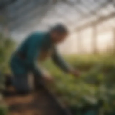 A professional conducting a pest inspection in a greenhouse.