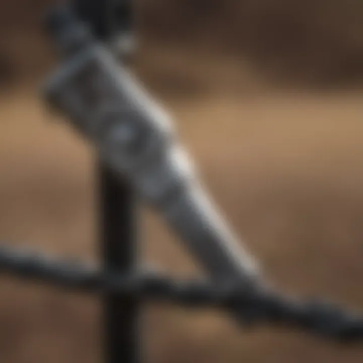 Close-up view of barb wire tensioning tool