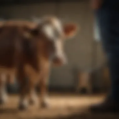 A farmer calculating expenses while reviewing calf care and maintenance costs.