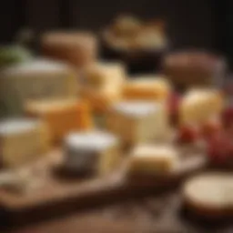 An assortment of artisanal cheeses displayed on a wooden board, showcasing their diverse textures and colors.
