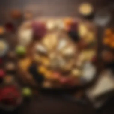 Gastronomic Cheese Pairings A vibrant cheese platter paired with fruits, nuts, and wines, illustrating the perfect gastronomic combinations.