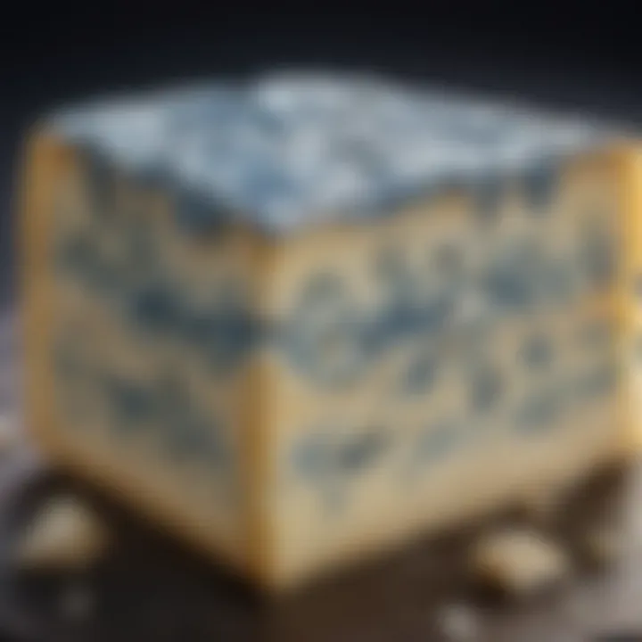 A close-up view of blue cheese with its characteristic marbling, highlighting its unique properties.
