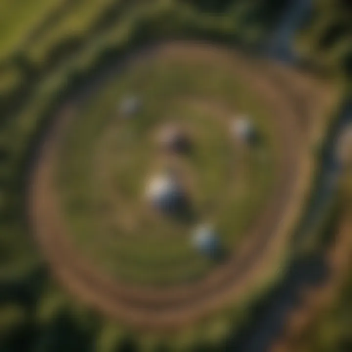 Aerial view of a beautifully integrated agriscape showcasing sustainable farming practices surrounded by ornamental landscaping.