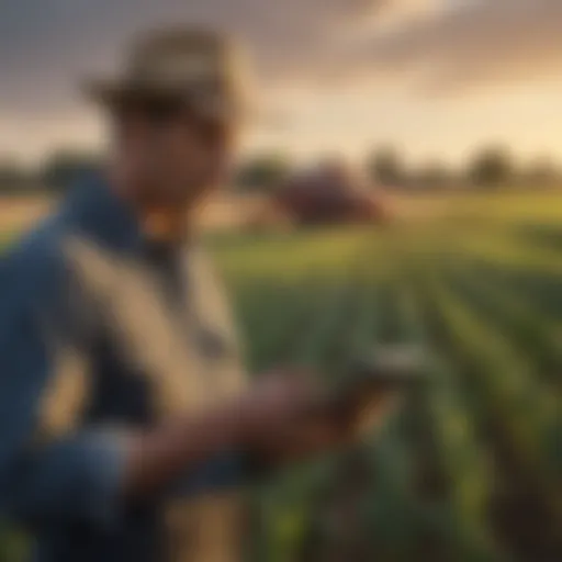 A farmer analyzing crop data on a digital tablet in a field.