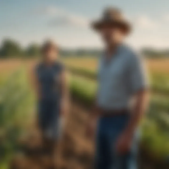 A diverse group of farmers standing in a field showcasing crops.